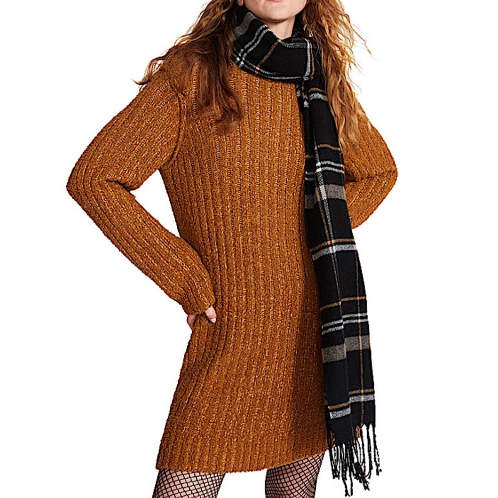 Steve Madden Pop Plaid Black, White & Tan Fringe Trim Scarf, Neutral Oversized